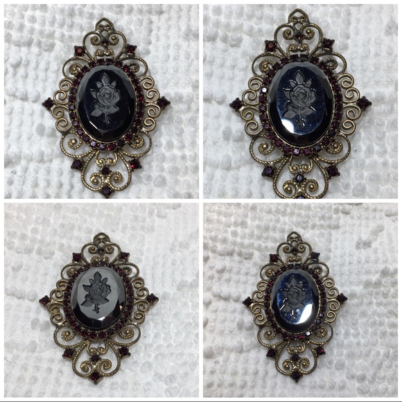 Antique Engraved Rose & Rhinestone Brooch - Picture 2 of 7